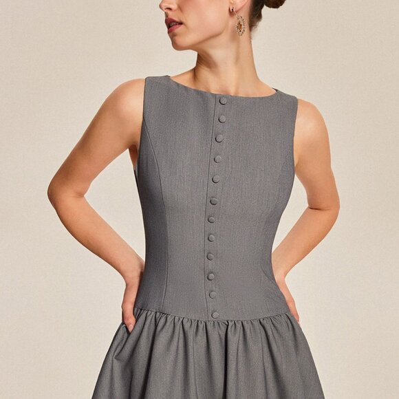 Round Neck Sleeveless Ruffled Mini Dress | New Mini Buttoned Dress - Picture 4 of 9